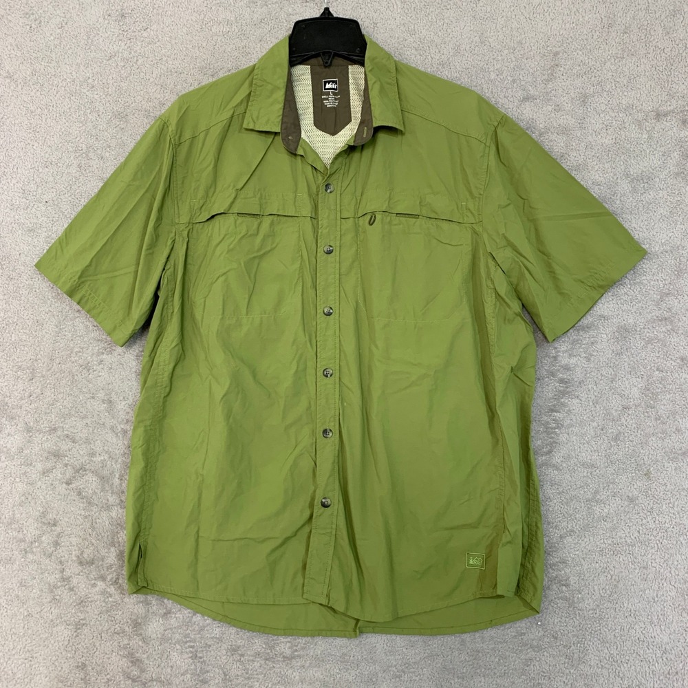 REI Men's L Green Nylon Sahara Short Sleeve Hiking Shirt Vented